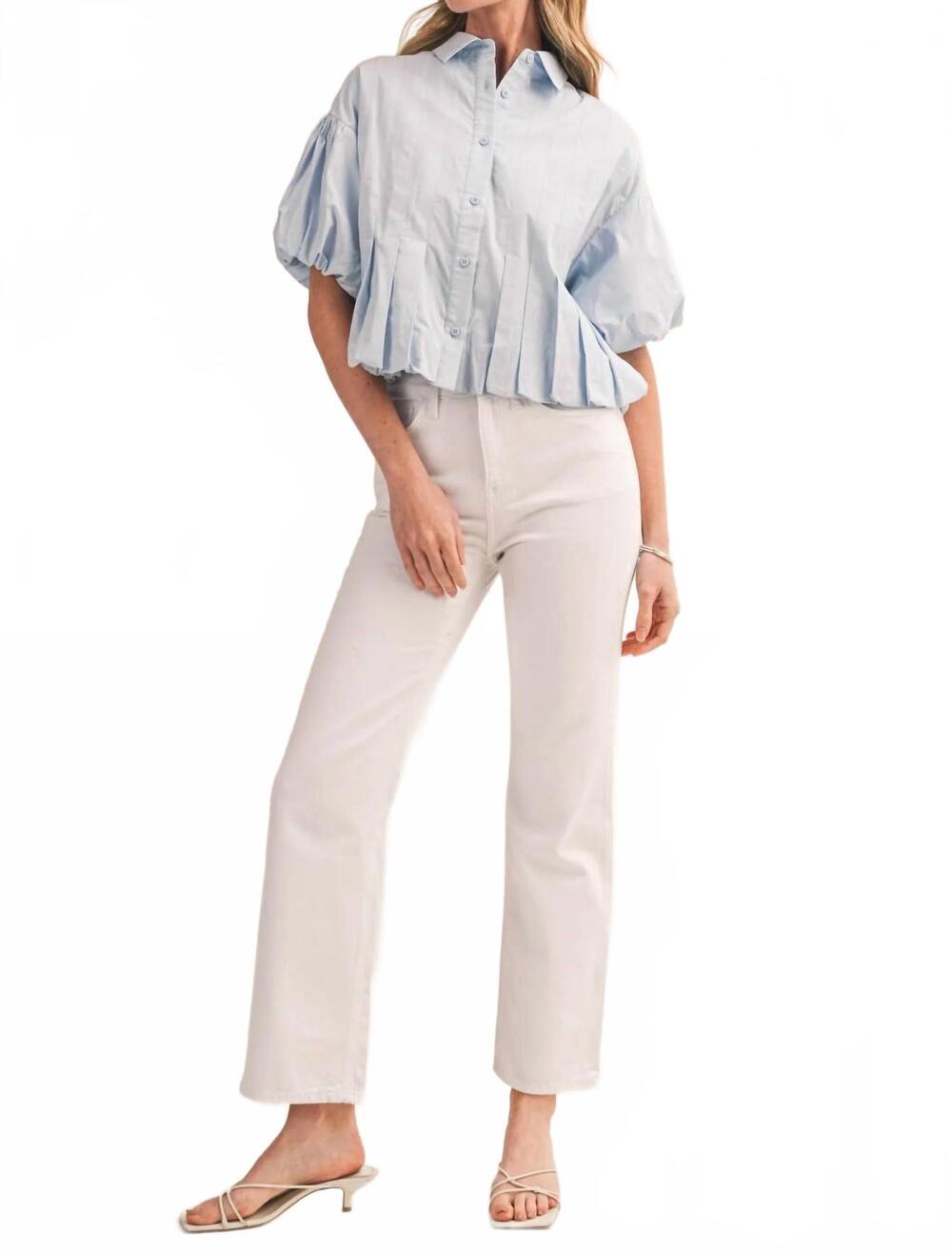 NEW &MERCI pleated bubble hem button down top in sky blue